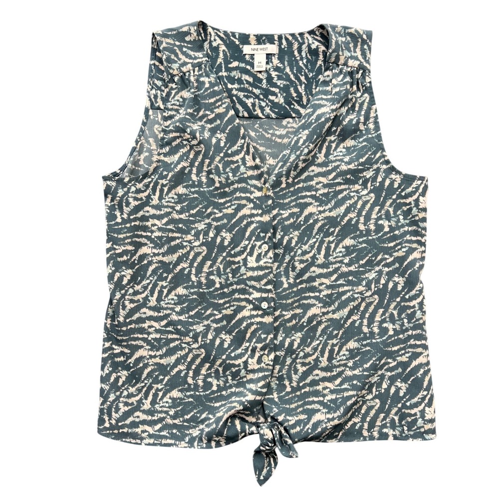 Nine West Blouse Womens M Teal Blue Abstract‎ Animal Print Tie Front Sleeveless
